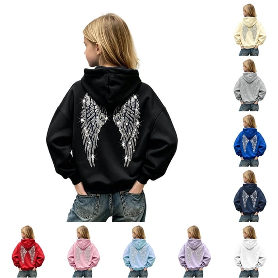 Rggeeun Toddler Girls Pullover Hoodie Cute Sequins Wing Graphic Print Thermal Long Sleeve Hooded wth Large Pocket & Drawstring Soft Autumn Winter Outdoor Activities Leisure Tops,Black,11-12 Years