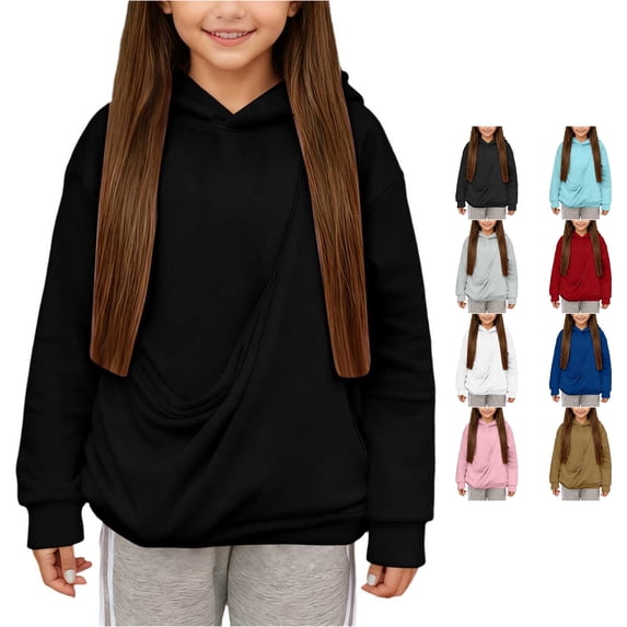 Rggeeun Toddler Girls Pullover Solid Color Hoodie Long Sleeve Hooded Loose Soft Lightweight Smooth Relaxed Fit for Fall Holiday Versatile Tops,Black,5-6 Years