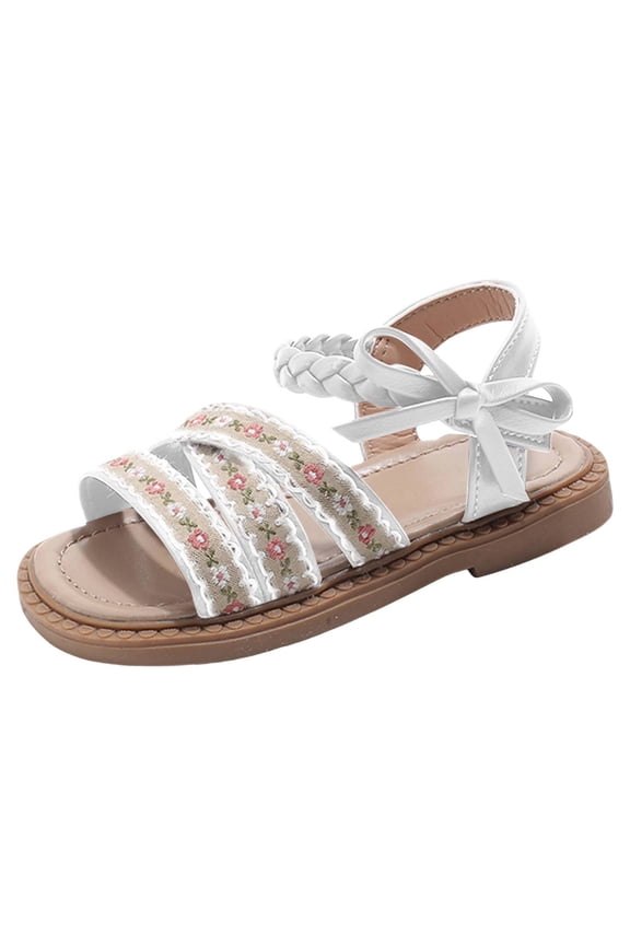Toddler Girls Sandals -On Huarache With Bow Tie Wide Flat Heel Non- Open-Toe Pu Fabric Soft Insole Flower Strap For Summer Playground Youthful Shoes,Beige,12-18 Months