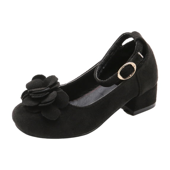 Rggeeun Toddler Girls Sandals Solid Color Front Flower Trim Glitter Open-Toe Adjustable Ankle Strap Narrow Wedge Mid Heel For Summer Everyday Use Sweet Shoes,Black,8-9 Years
