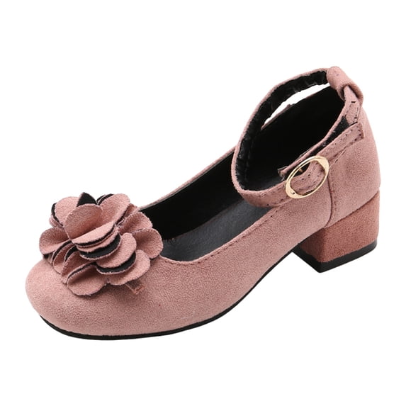 Rggeeun Toddler Girls Sandals Solid Color Front Flower Trim Glitter Open-Toe Adjustable Ankle Strap Narrow Wedge Mid Heel For Summer Everyday Use Trendy Shoes,Pink,11.5-12 Years