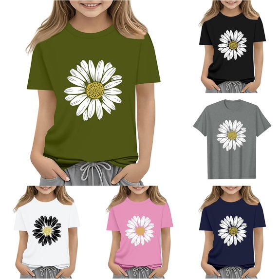 Rggeeun Toddler Girls Shirts Cute Floral Pattern Short Sleeve Crew Neck Relaxed Fit Loose Soft Smooth for Summer Party Adorable Tops,Green,4-5 Years