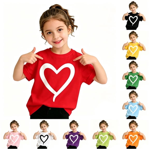 Rggeeun Toddler Girls Shirts Cute Heart Pattern Short Sleeve Crew Neck Knit Soft Lightweight Relaxed Fit for Summer Gym Kawaii Tops,Red,7-8 Years
