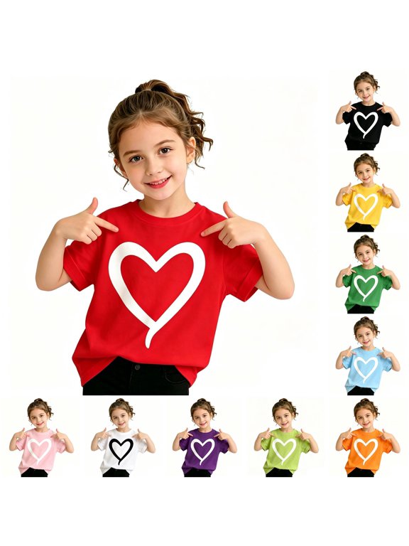 Toddler Girls Shirts Cute Heart Pattern Short Sleeve Crew Neck Knit Soft Lightweight Relaxed Fit for Summer Gym Kawaii Tops,Red,7-8 Years