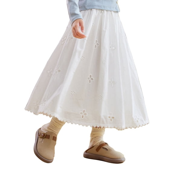 Rggeeun Toddler Girls Skirt Solid Color Calf Length Floral Embossed Boho Smooth Elastic High Waist Shirred with Lace Ruffle for Summer Daily Wear Versatile Skirts,White,9-10 Years