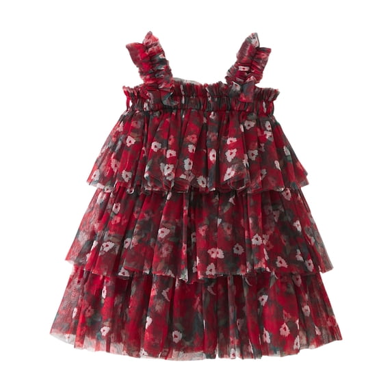 Rggeeun Toddler Girls Sleeveless Square Collar Floral Holiday Party Tiered Mesh Dress Dance Dresses Clothes Adorable Casual O-Neck Sundress