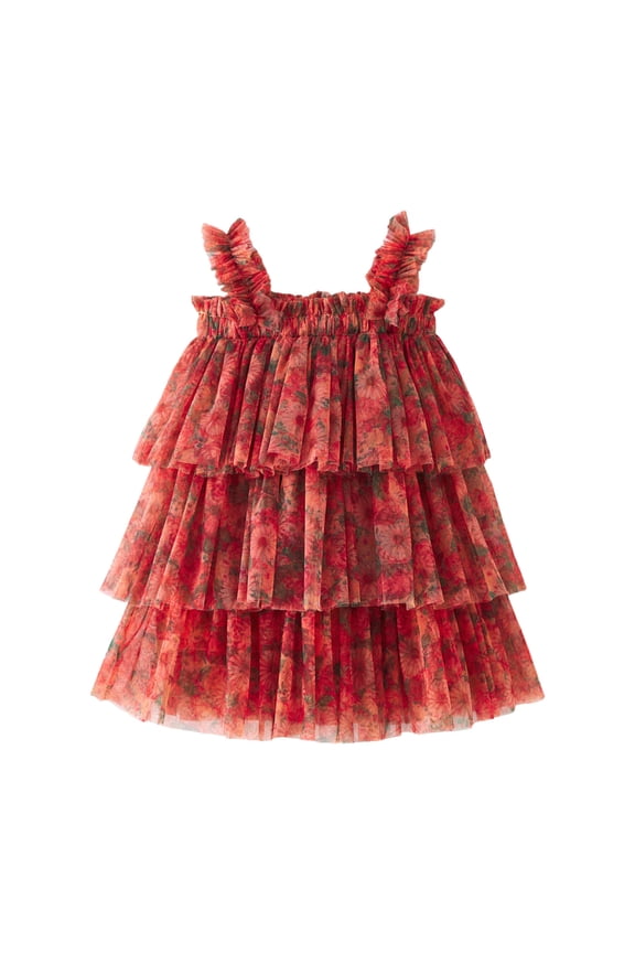 Toddler Girls Sleeveless Square Collar Floral Holiday Party Tiered Mesh Dress Dance Dresses Clothes Soft Casual O-Neck Sundress