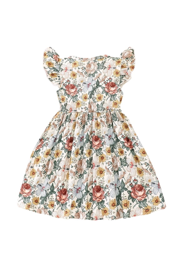 Toddler Girls Spring/Summer Round Neck Flared Sleeve Cartoon Pattern Casual Dress Cute Sundress
