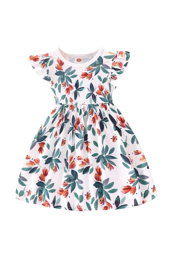 Toddler Girls Spring/Summer Round Neck Flared Sleeve Cartoon Pattern Casual Dress Leisure Sundress