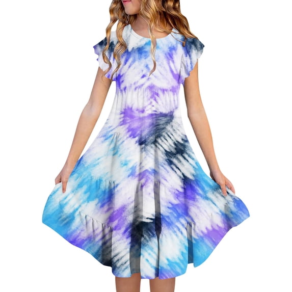 Rggeeun Toddler Girls Summer Dresses Double Layer Flutter Sleeve Flowy A-Line Dress Casual Gradient Midi Dresses Cozy O-Neck Sundress