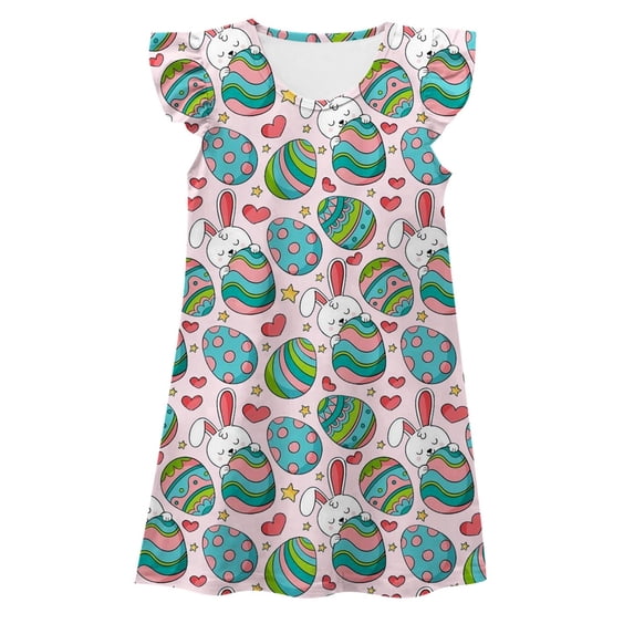 Rggeeun Toddler Girls Summer Easter Print Small Flying Sleeve Nightdress Comfortable Children Homewear Dress Soft Casual O-Neck Sundress