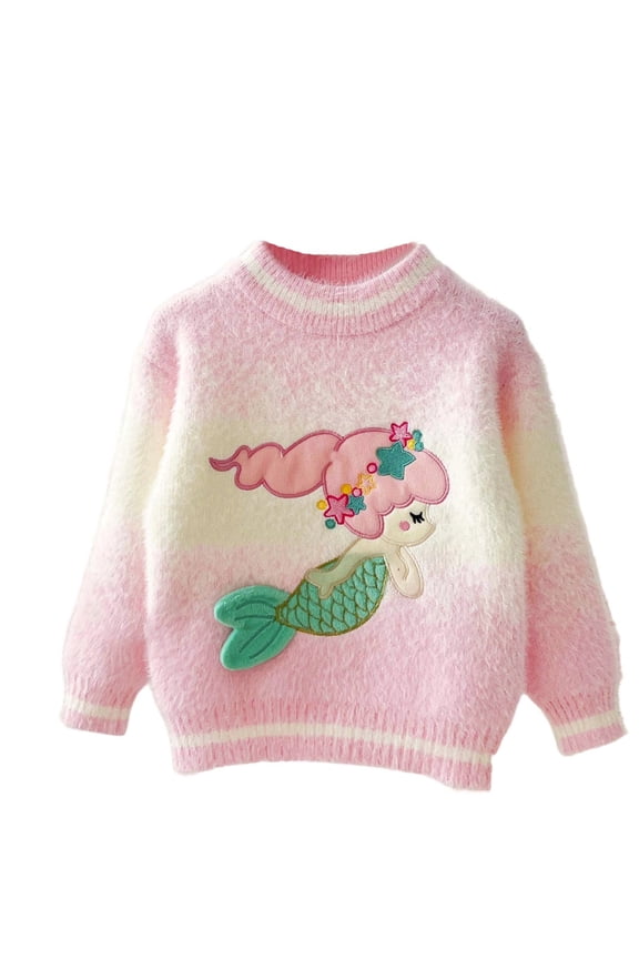 Toddler Girls Sweaters Cute Cartoon Fish Pattern Print Winter Thickened Knitted Fleece Crew Neck Long Sleeve Casual For Kids Stylish Pullover,Pink,5-6 Years