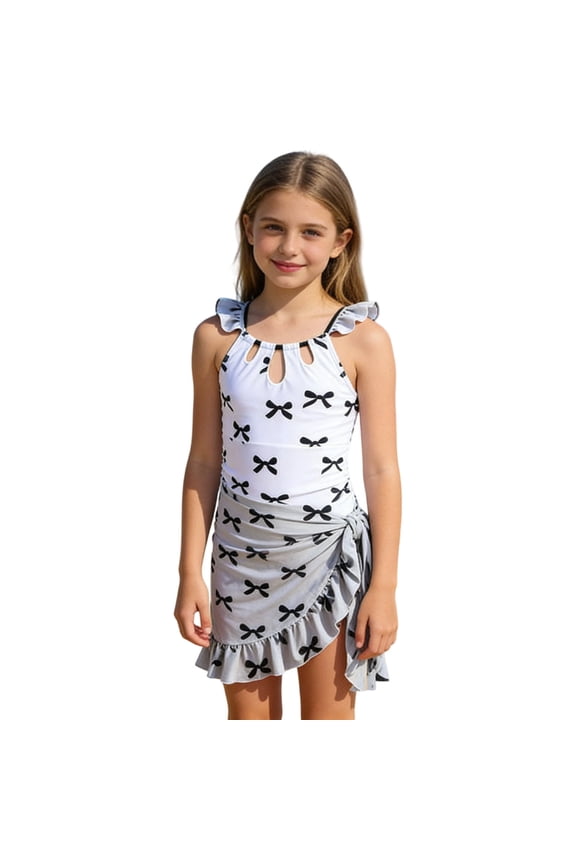Toddler Girls Swimwear Cute Bow Pattern One-Piece Off Shoulder Ruffle Trim Neck Hollow Front Thin Straps Open Back Elastic For Lap Swimming Stylish Swimsuit,White,5-6 Years