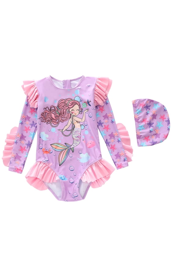 Toddler Girls Swimwear Cute Scale Print One-Piece Long Sleeve Crew Neck Slim Fit Knit With Ruffle Hem & Matching Swim Cap For Splash Fun Versatile Swimsuit,Light Purple3,3-5 Years