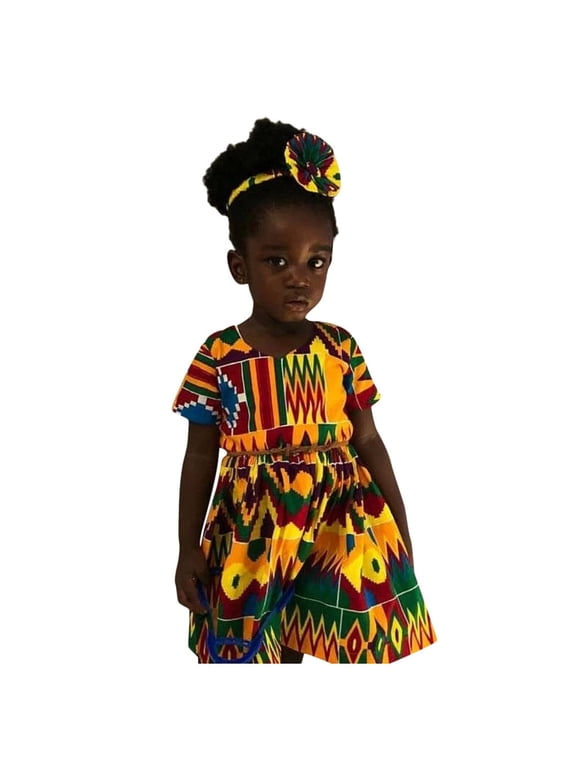 Toddler Kids Baby Girl Dashiki African Print Short Sleeve Princess Dress Clothes Versatile Casual O-Neck Sundress