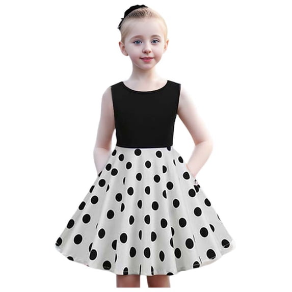Rggeeun Toddler Kids Children Girls Round Neck Sleeveless Polka Dot Vintage Princess Dress Adorable Casual Sundress