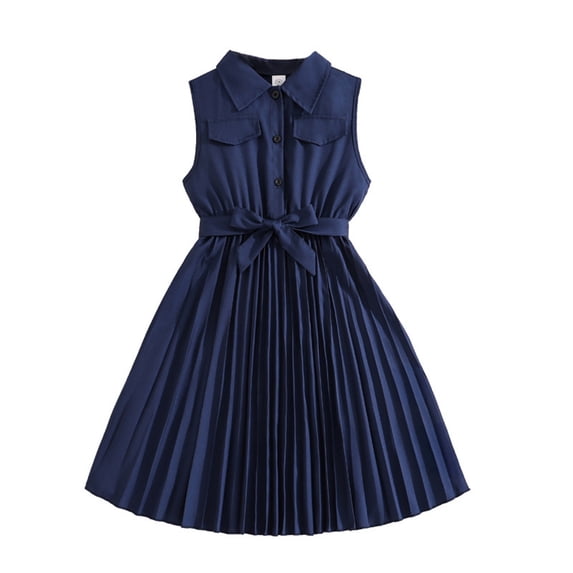 Rggeeun Toddler Kids Elegant Sash Tie Waist Ruffle Hem Sleeveless Dress For Girls Summer Casual Party Wear Trendy O-Neck Sundress