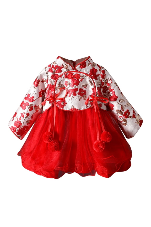 Toddler Kids Girls Children Hanfu Girls New Year Dress Children Dress Children Winter Dress New Year Embroidery Tang Suit Performance Versatile Casual O-Neck Sundress
