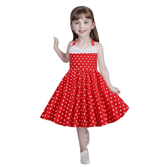 Rggeeun Toddler Kids Girls Strap Spliced Polka Dot Vintage Children Dress Princess Dress Leisure Casual O-Neck Sundress
