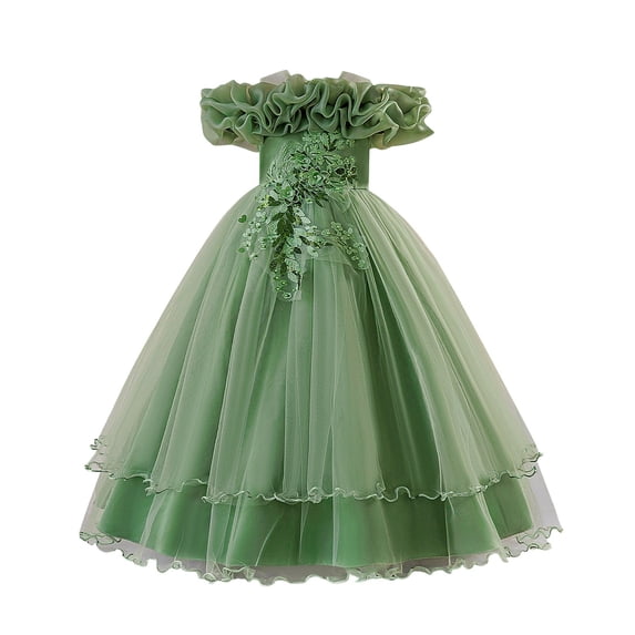 Rggeeun Toddler Shine Girls Formal Dress With Floral Appliques And Skirt Party Pageant Adorable Casual O-Neck Sundress