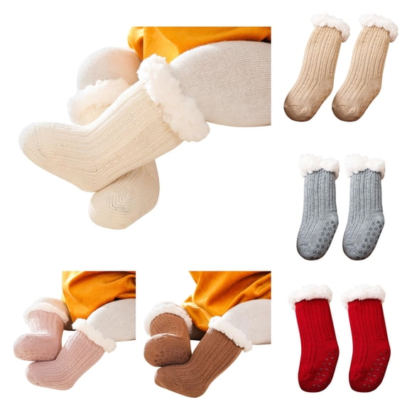 Rggeeun Toddler Socks Grip Socks Warm Comfort Crew Socks Boys Girls Cotton Socks Fall Winter Cute Socks Party Fashion,Beige,6-12 Months