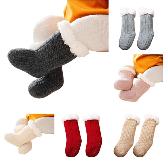 Rggeeun Toddler Socks Grip Socks Warm Comfort Crew Socks Boys Girls Cotton Socks Fall Winter Cute Socks Training Relaxed,Gray,6-12 Months
