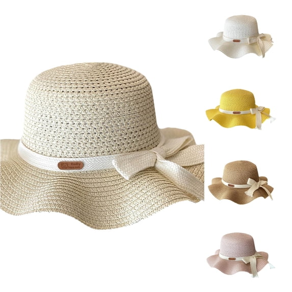 Rggeeun Toddler Sun Hat with Knit Bowknot Straw Hat Wide Brim Breathable Beach Hat Soft Lightweight Summer Cap Boy and Girl Outdoor Wear Fashion,Beige,5-10 Years