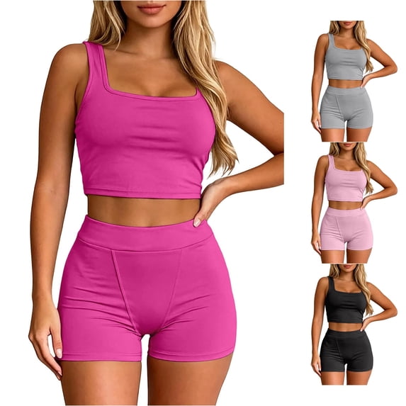 Rggeeun Two Piece Sets for Women Summer Casual Crop Top Sweat Shorts Stretch Summer Outfits Everyday Use Cozy,Pink,M