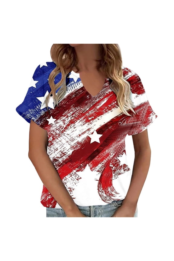 Wome'S Tees American Flag Stars With Stripes Graffiti Style Short Sleeve V Neck For 4Th Of July Outdoor Picnics Casual Fashion Tops,Multicolour,S