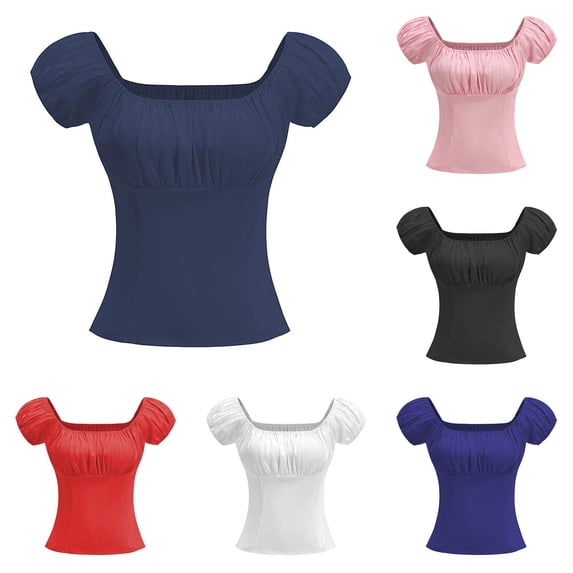 Rggeeun Women Costume Puff Sleeve Corset Square Neck Women Tops Lightweight Slim Fit Women Clothes Daily Wear Stylish,Blue,M