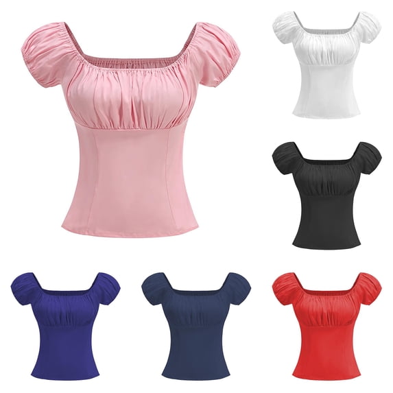 Rggeeun Women Puff Sleeve Corset Square Neck Women Tops Lightweight Slim Fit Women Clothes Holiday Casual,Red,S