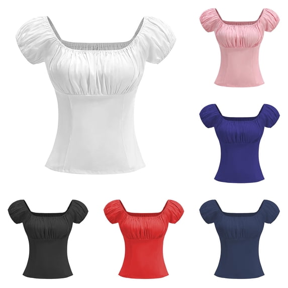 Rggeeun Women Puff Sleeve Corset Square Neck Women Tops Lightweight Slim Fit Women Clothes Party Night Casual,White,2Xl