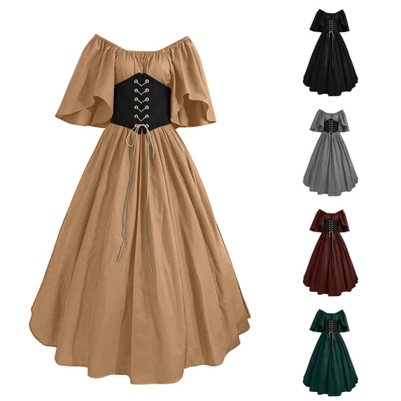 Rggeeun Women Renaissance Maxi Dress Corset Dress Butterfly Sleeve Off The Shoulder Gothic Clothes Vintage Dress Travel Party Classic,Beige,S