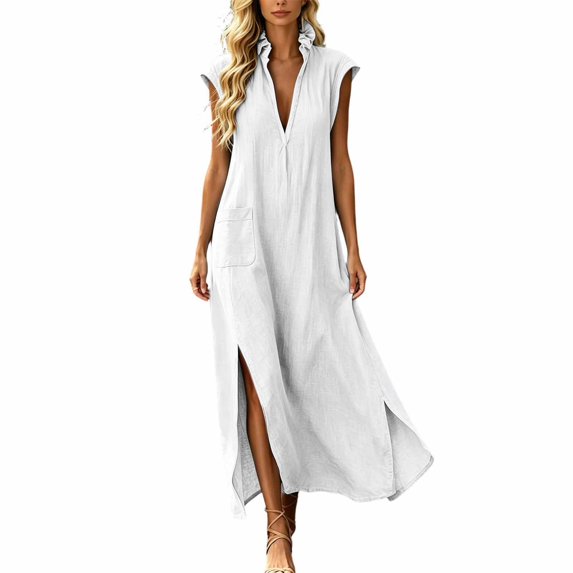 Rggeeun Women Dress Solid Color Ankle-Length Short Sleeve Deep-V Neck Collar With Side Asymmetrical Slit Loose Fit A-Line Waist Draping Elastic Soft For Summer Club Party Cute Sundress,White,Xxl
