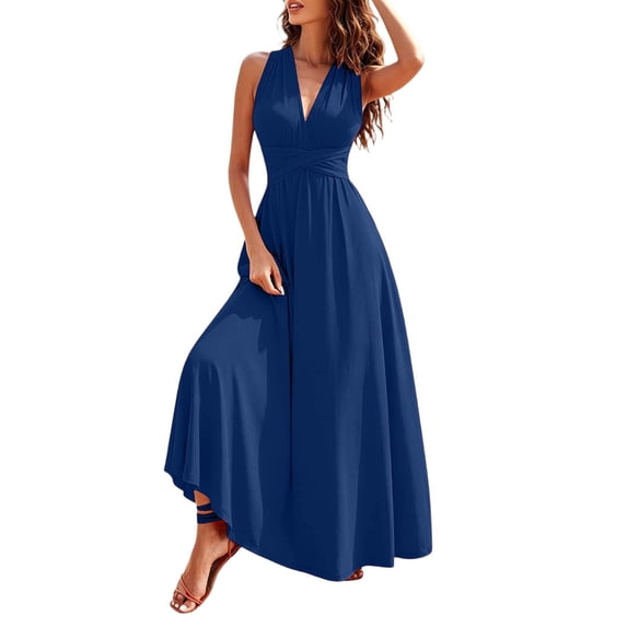 Rggeeun Women Dress Solid Color Ankle-Length Sleeveless Wide Strap V-Neck Loose Fit A-Line Soft Breathable Fabric Elastic With Waist Shirring For Summer Club Party Leisure Dresses,Blue,Xl