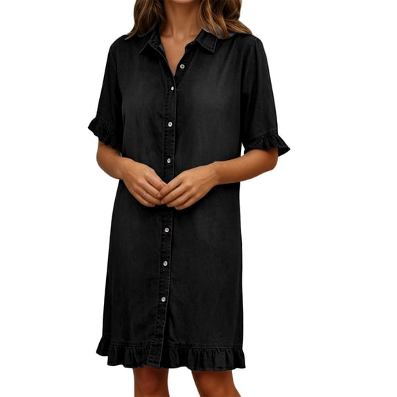 Rggeeun Women Dress Solid Color Denim Lightweight Fabric Ruffled Short Sleeve Collar Woven Knee-Length Slim Fit With Front Buttons & Pleated Hem For Summer Daily Wear Cute Sundress,Black,Xxxl