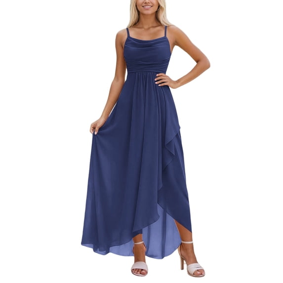 Rggeeun Women Dress Solid Color Elegant Ankle-Length Halter Thin Straps Square Neck Sleeveless A-Line Loose Fit Soft Fabric With Waist Shirring Ruffle For Summer Evening Party Cute Sundress,Navy,S