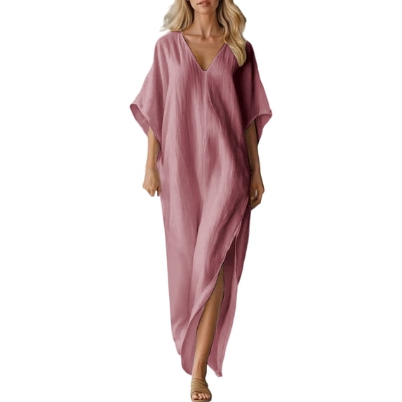 Rggeeun Women Dress Solid Color Elegant Side Slit & Pleated Design 3/4 Sleeve V-Neck Knit Soft Breathable Fabric Loose Fit Ankle-Length For Summer Club Party Delicate Sundress,Light Pink,Xxl