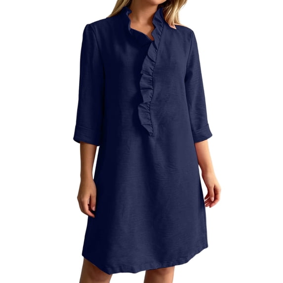 Rggeeun Women Dress Solid Color Graceful Long Sleeve With Ruched Ruffle Design Collar Knee-Length Loose Fit Lightweight Fabric For Summer Daily Wear Youthful Dresses,Blue,Xxl