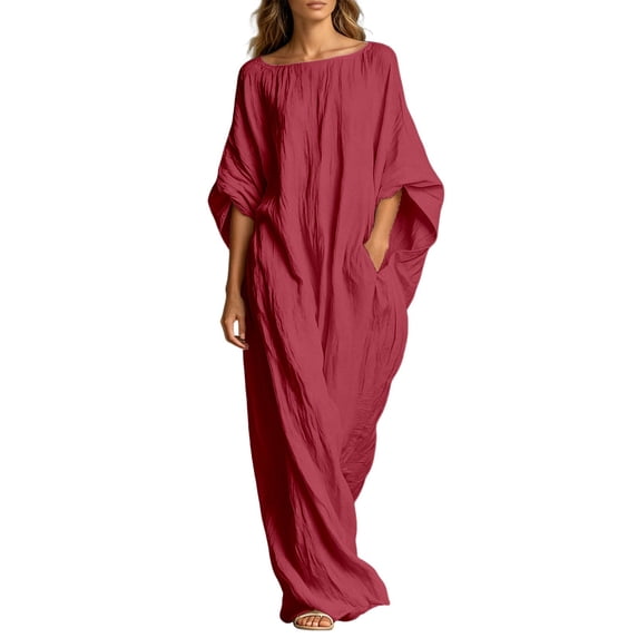 Rggeeun Women Dress Solid Color Loose Fit Ankle-Length Short Sleeve Crew Neck Soft Breathable Lightweight Fabric For Summer Evening Party Youthful Dresses,Red,Xxxl