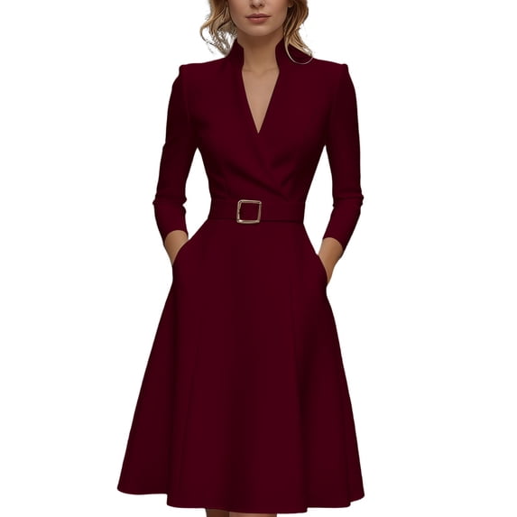 Rggeeun Women Dresses Solid Color Elegant Ankle-Length V-Neck Long Sleeve Loose Fit Soft Fabric With Waist Shirring Design & Sashes Belt For Summer Nightclub Lovely Playwear,Red,Xl