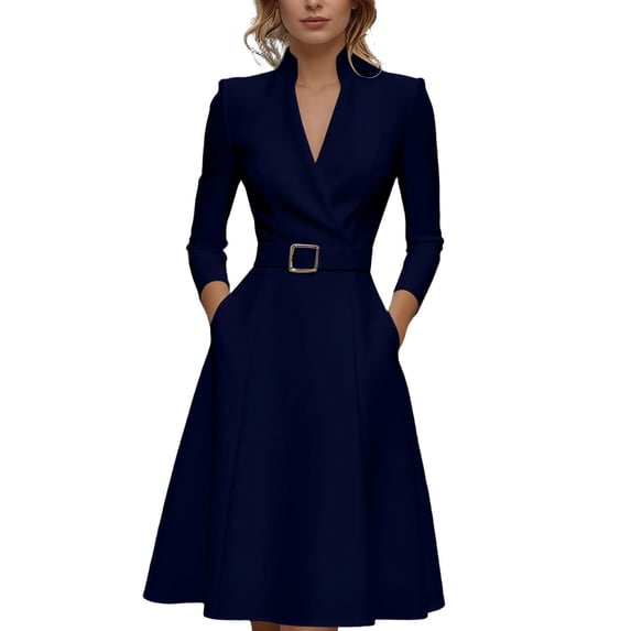 Rggeeun Women Dresses Solid Color Elegant Ankle-Length V-Neck Long Sleeve Loose Fit Soft Fabric With Waist Shirring Design & Sashes Belt For Summer Pool Party Preppy Wear,Navy,S