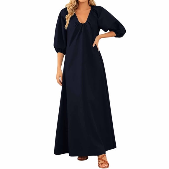 Rggeeun Women Dresses Solid Color Half Sleeve With Pleated V-Neck Waist Draping Ankle-Length Loose Fit Soft Breathable Lightweight For Summer Pool Party Comfort Wear,Black,M