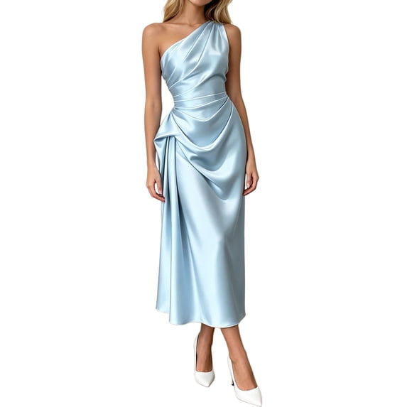 Rggeeun Women Dresses Solid Color One-Shoulder Sleeveless Square Neck Elastic Ankle-Length Soft Fabric Slim Fit For Summer Party Lovely Playwear,Blue,L