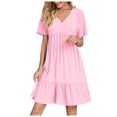 thumbnail image 1 of Rggeeun Women Dresses Solid Color Waist Shirring Design Knee-Length Short Sleeve Crew Neck Soft Breathable Fabric Knit Loose Fit With Pleated Ruffle For Summer Party Lovely Playwear,Pk1,L, 1 of 8