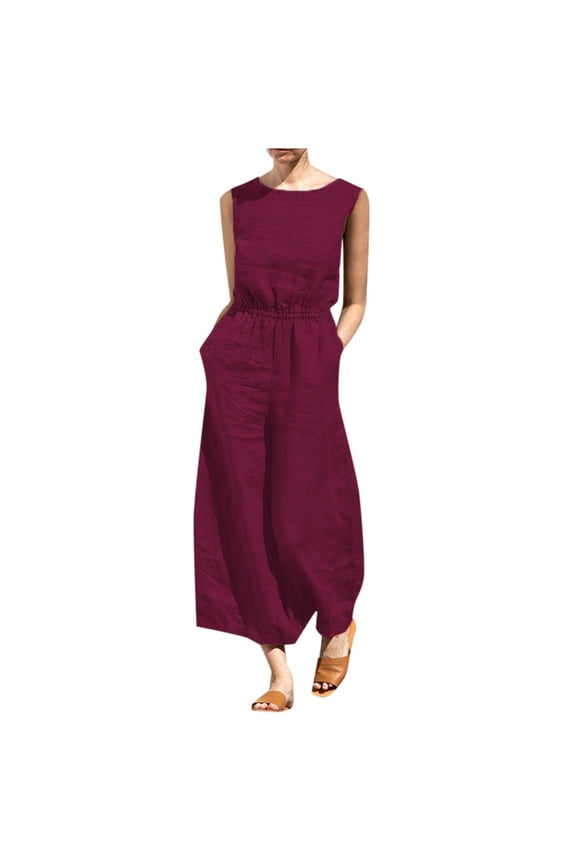 Women Jumpsuits Solid Color 1Pc Sleeveless Square Neck Ankle Length Drape With Side Pockets For Everyday Wear Classic Overalls,Red,L