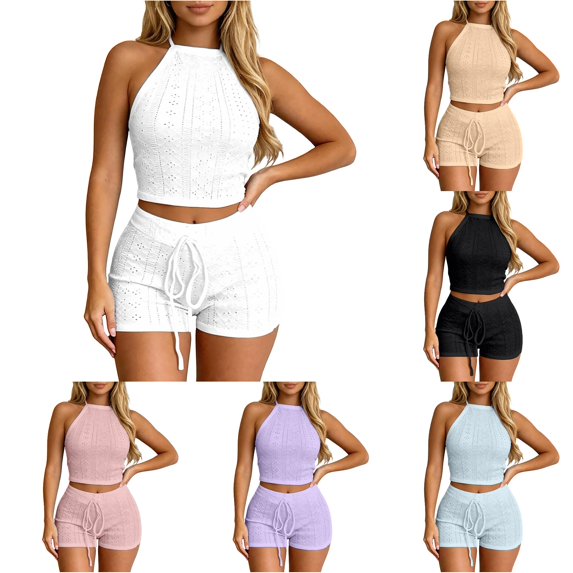 Rggeeun Women Outfits Halter Tops Athletic Shorts Breathable Drawstring Matching Sets Office Wear Cool,White,S