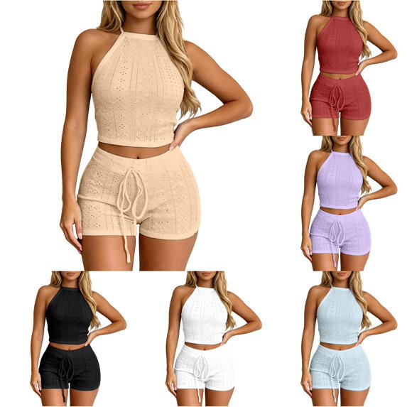 Rggeeun Women Outfits Halter Tops Athletic Shorts Breathable Drawstring Matching Sets Outdoor Wear Relaxed,Yellow,L
