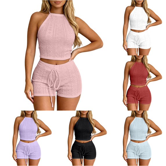 Rggeeun Women Outfits Halter Tops Athletic Shorts Breathable Drawstring Matching Sets Training Leisure,Pink,M