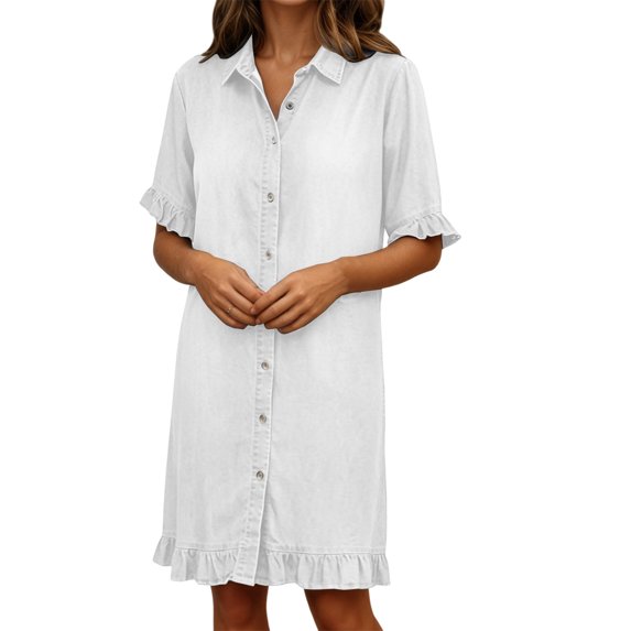 Rggeeun Women'S Dress Solid Color Denim Lightweight Fabric Ruffled Short Sleeve Collar Woven Knee-Length Slim Fit With Front Buttons & Pleated Hem For Summer Streetwear Youthful Dresses,White,S